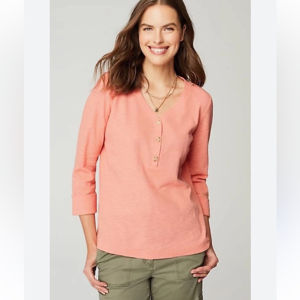 J Jill Textured Cotton Rolled Cuff Henley, Size SM